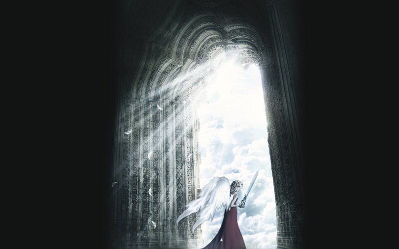 Angel with Sword — White, Dramatic, Digital Art, Wings, Clouds