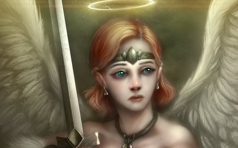 Angel with Sword — White, Dramatic, Digital Art, Wings, Halo