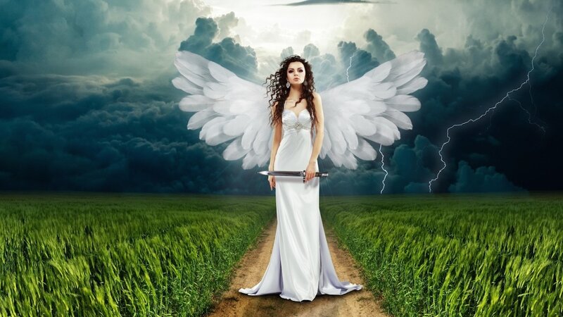 Angel with Sword — White, Dramatic, Digital Art, Wings, Storm
