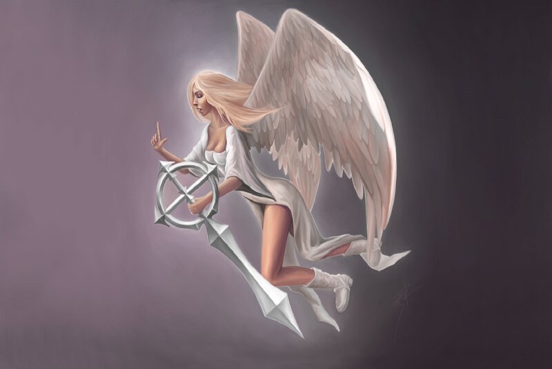 Angel with Sword — White, Dramatic, Digital Art, Wings, White Robe