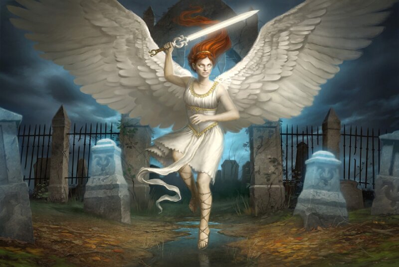 Angel with Sword — White, Dramatic, Night, Digital Art, Wings