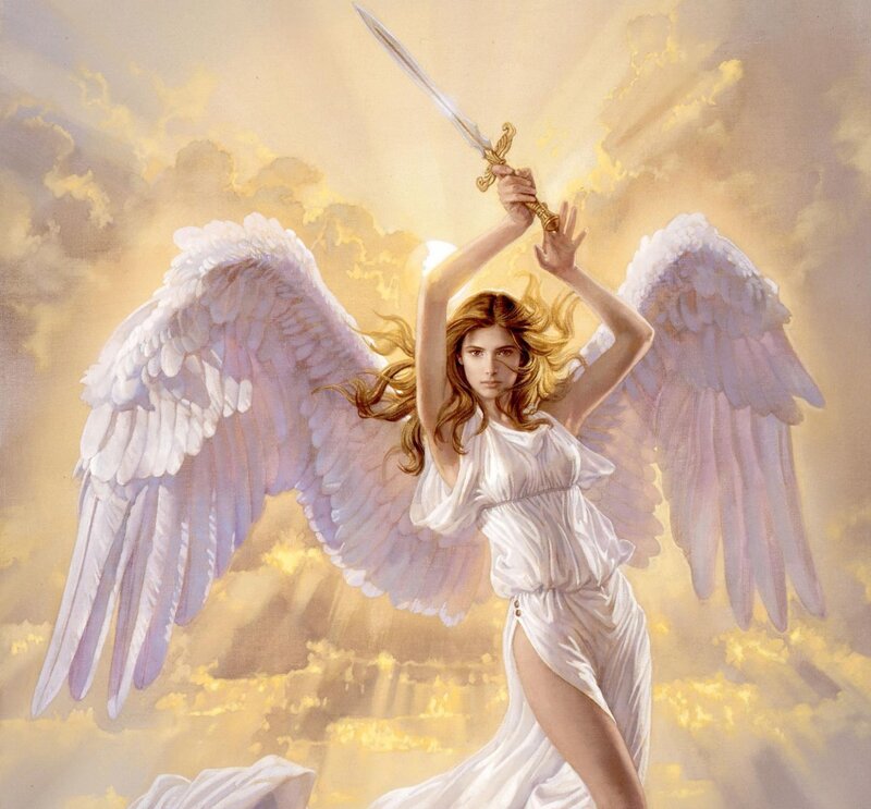 Angel with Sword — White, Dramatic, Painting
