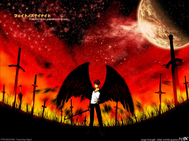 Angel with swords in a fiery landscape