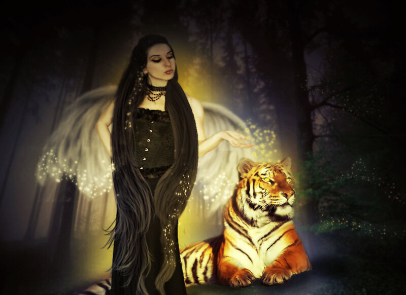 Angel with Tiger — Black, Dramatic, Night