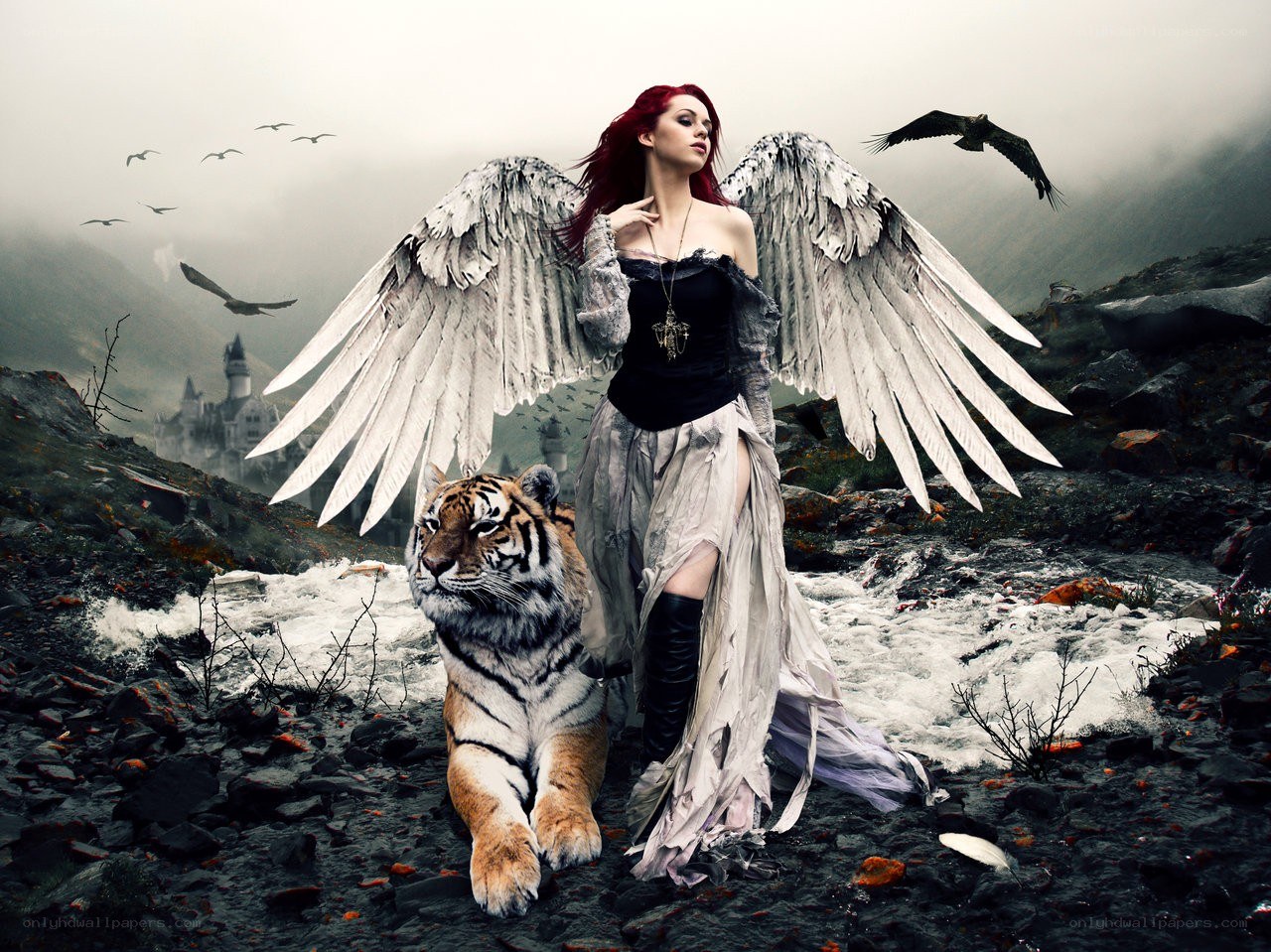 angel with tiger in misty landscape