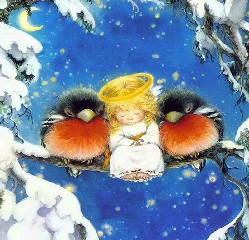 Angel with Two Birds — Blue