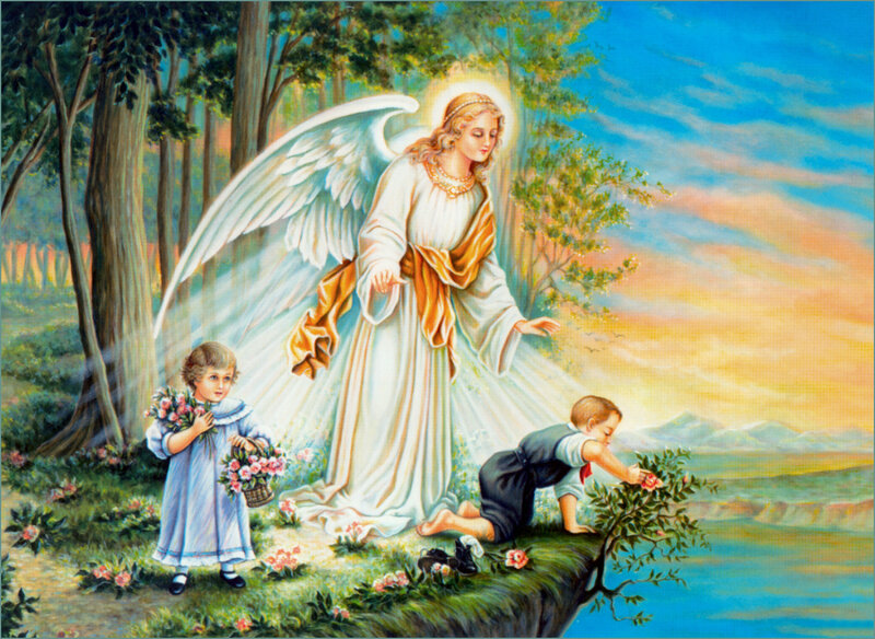 Angel with Two Children — Blue, Serene, Sunset