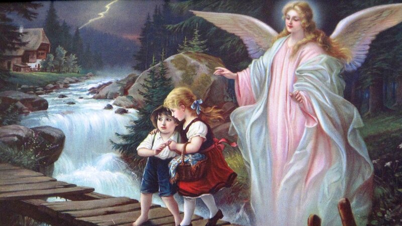 Angel with Two Children — White, Dramatic