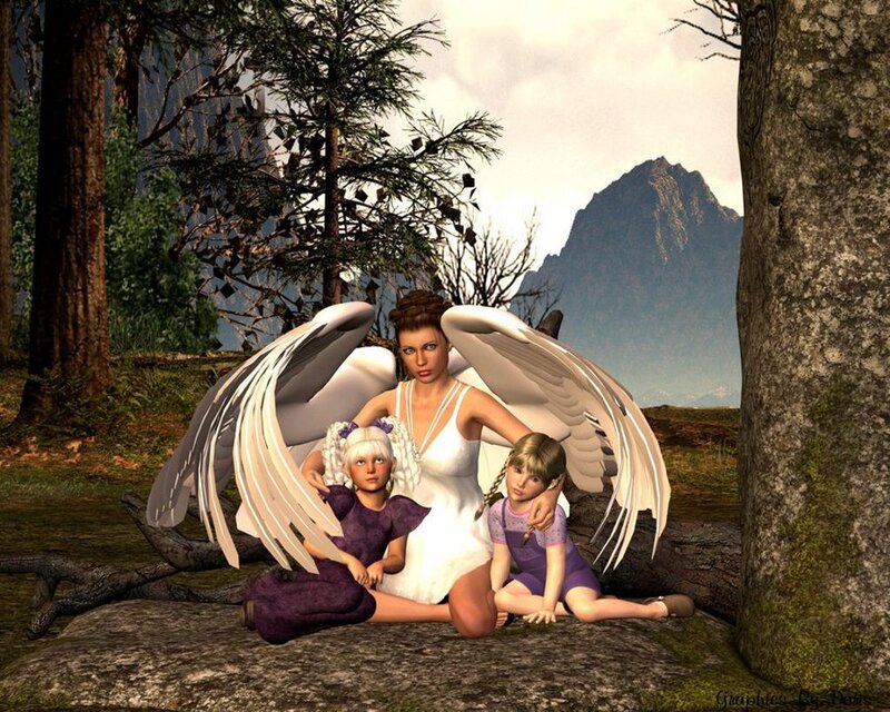 Angel with Two Children — White, Serene, Afternoon