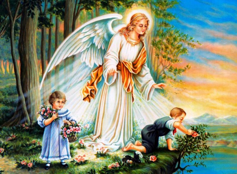 Angel with Two Children — White, Serene, Sunset