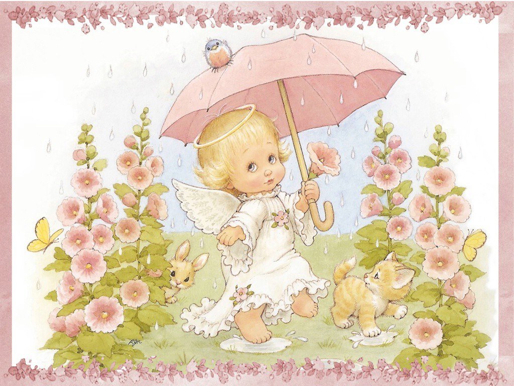 Angel with umbrella in rain