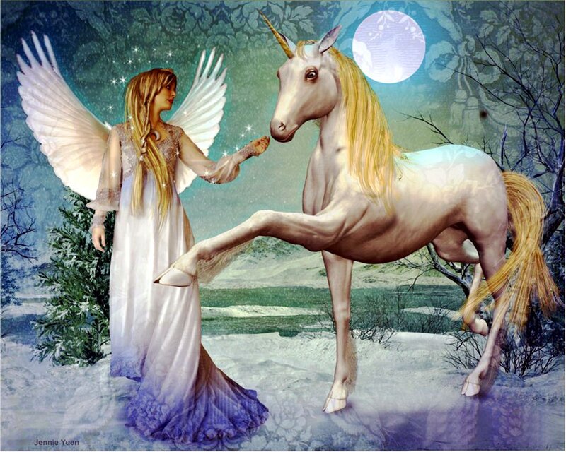 Angel with Unicorn — White, Serene