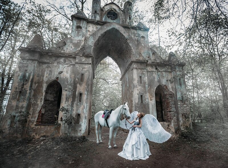 Angel with White Horse — Dramatic, Photograph