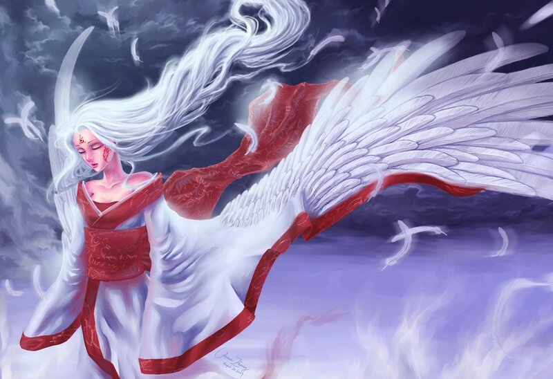 Angel with white wings and red robe