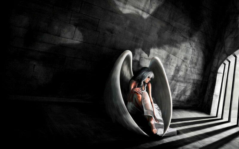 Angel with White Wings — Black, Dramatic, Digital Art, Stone Wall