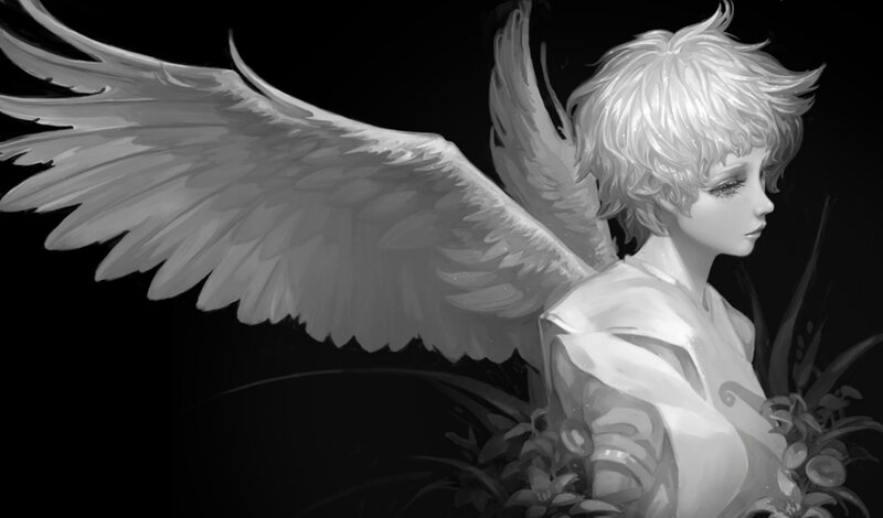 Angel with White Wings — Black, Dramatic, Digital Art