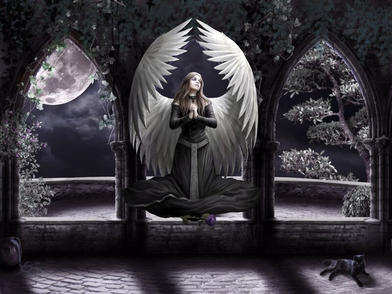 Angel with White Wings — Black, Dramatic, Night, Digital Art