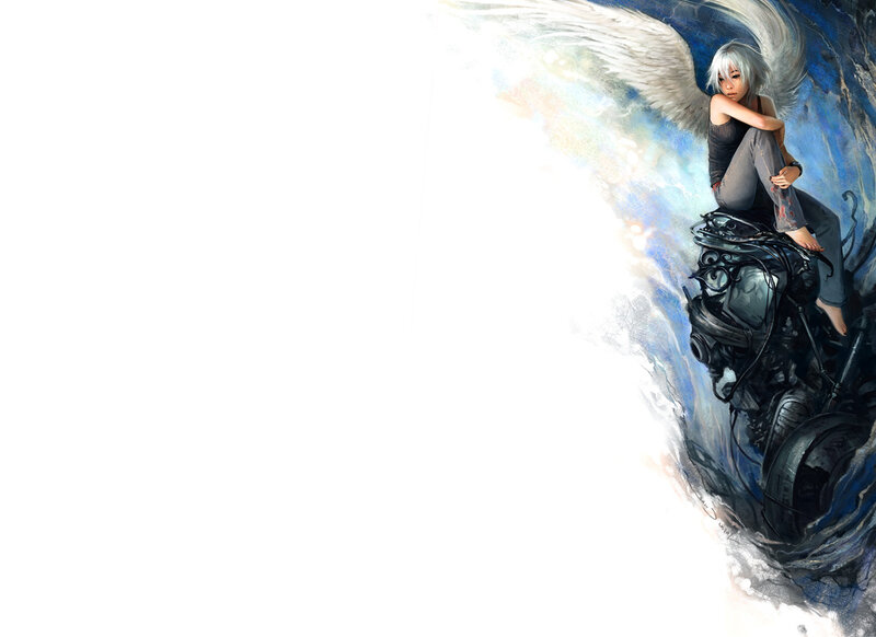 Angel with White Wings — Blue, Dramatic, Digital Art