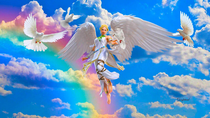 Angel with White Wings — Blue, Serene, Digital Art, Doves