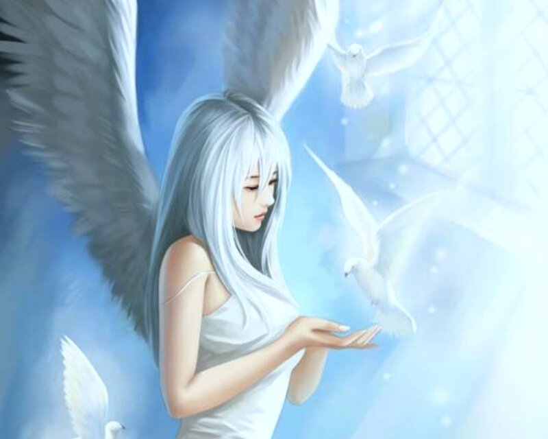 Angel with White Wings — Blue, Serene, Digital Art, Doves, White Dress
