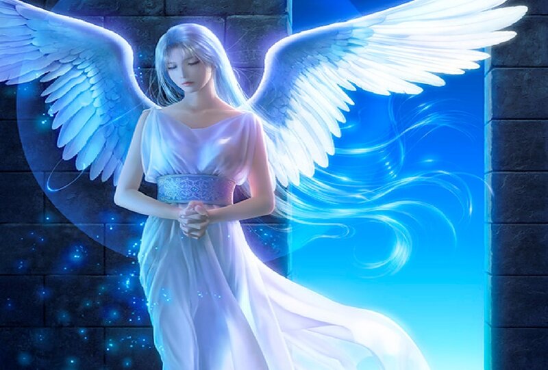 Angel with White Wings — Blue, Serene, Digital Art, Dress, Stone Wall