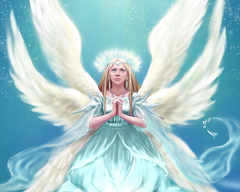 Angel with White Wings — Blue, Serene, Digital Art