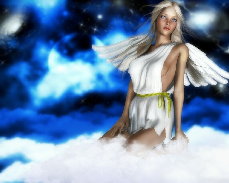 Angel with White Wings — Blue, Serene, Night, Digital Art, Clouds
