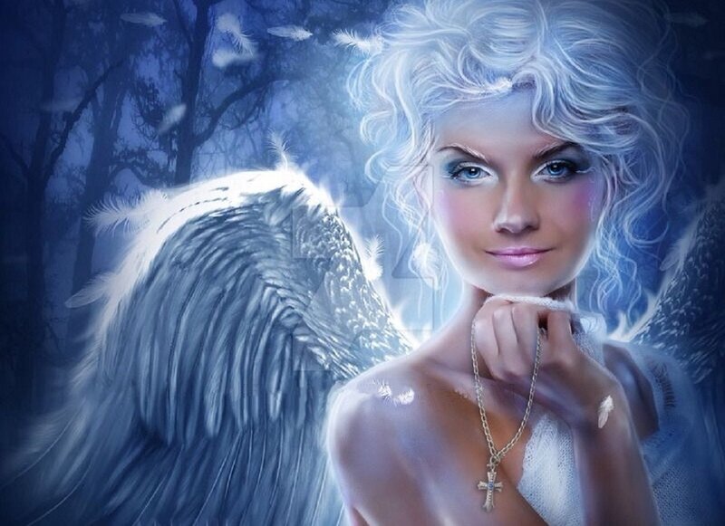 Angel with White Wings — Blue, Serene, Night, Digital Art, Cross Necklace