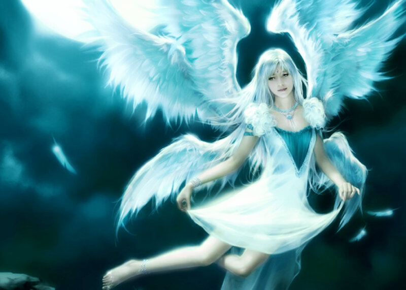 Angel with White Wings — Blue, Serene, Night, Digital Art, Dress