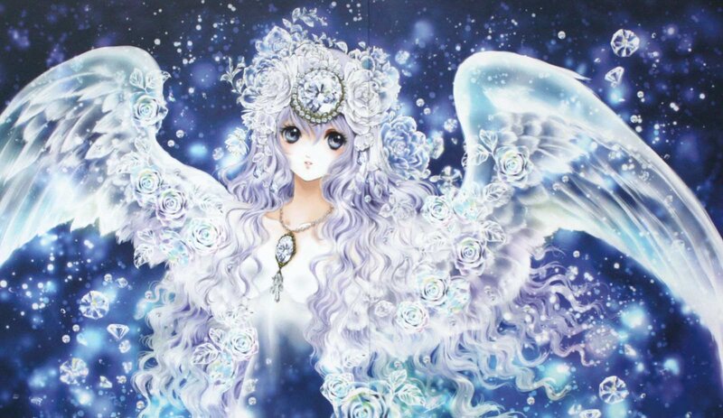 Angel with White Wings — Blue, Serene, Night, Digital Art, Flowers