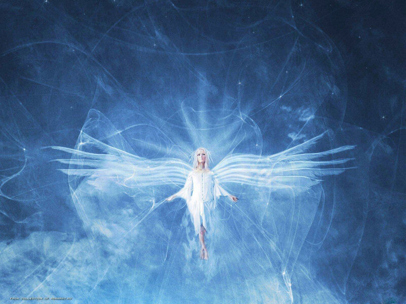 Angel with White Wings — Blue, Serene, Night, Digital Art, Light