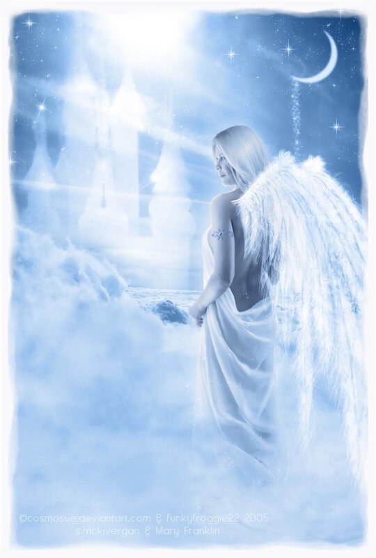 Angel with White Wings — Blue, Serene, Night, Digital Art, Moon, Stars