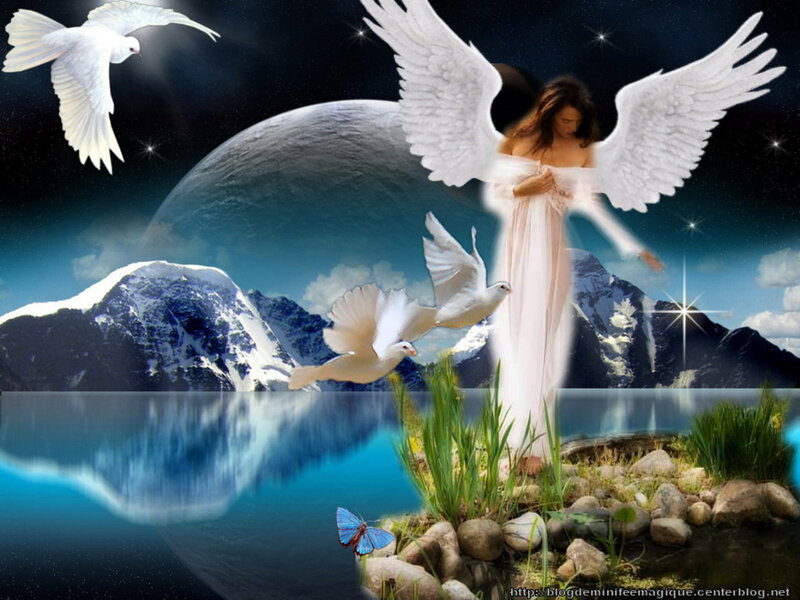 Angel with White Wings — Blue, Serene, Night, Digital Art