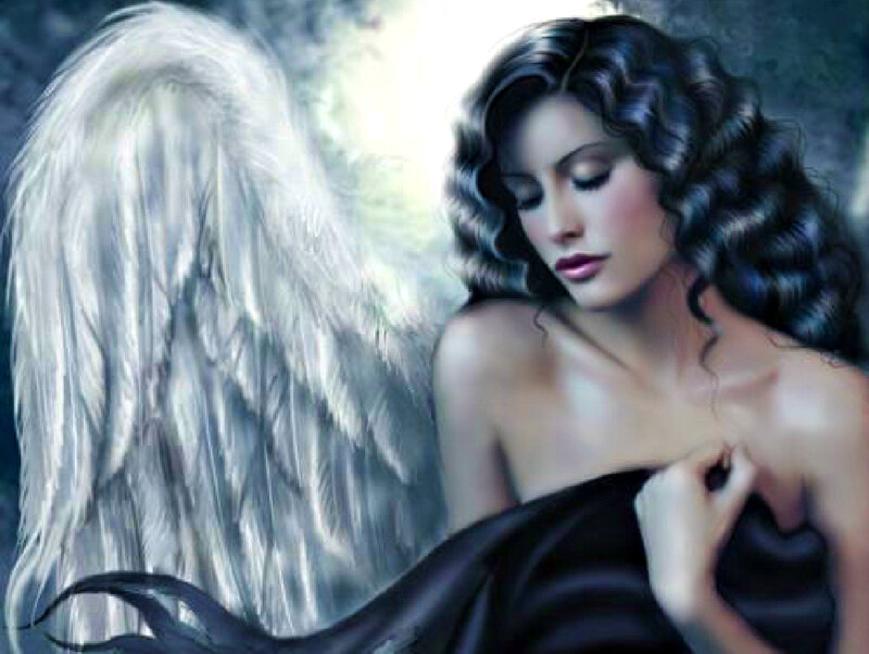Angel with White Wings — Dramatic, Digital Art, Curly Hair