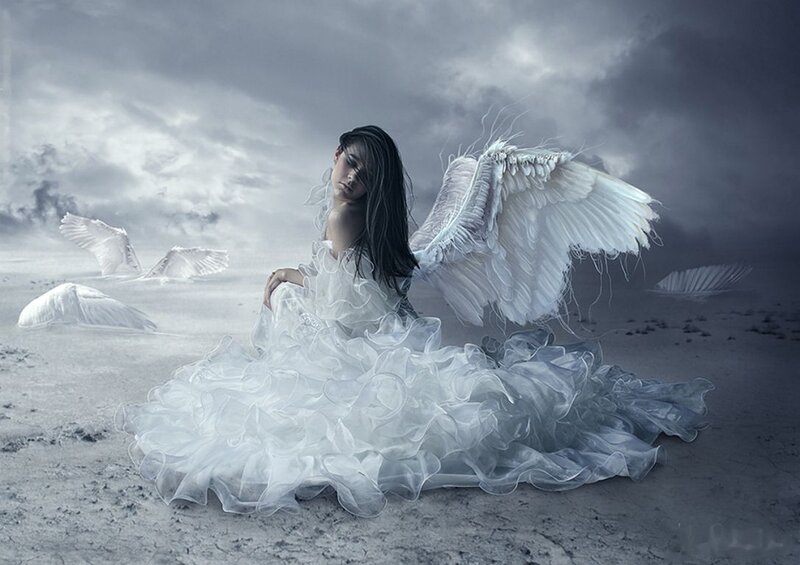 Angel with White Wings — Dramatic, Digital Art, Dress, Clouds