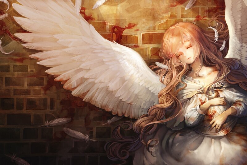 Angel with White Wings — Dramatic, Digital Art, Feathers, Brick Wall, Blood