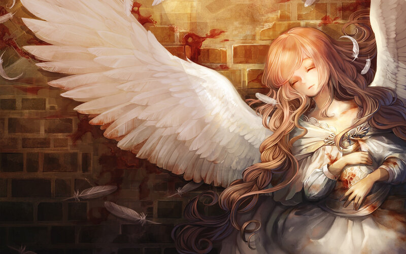 Angel with White Wings — Dramatic, Digital Art, Feathers, Brick Wall