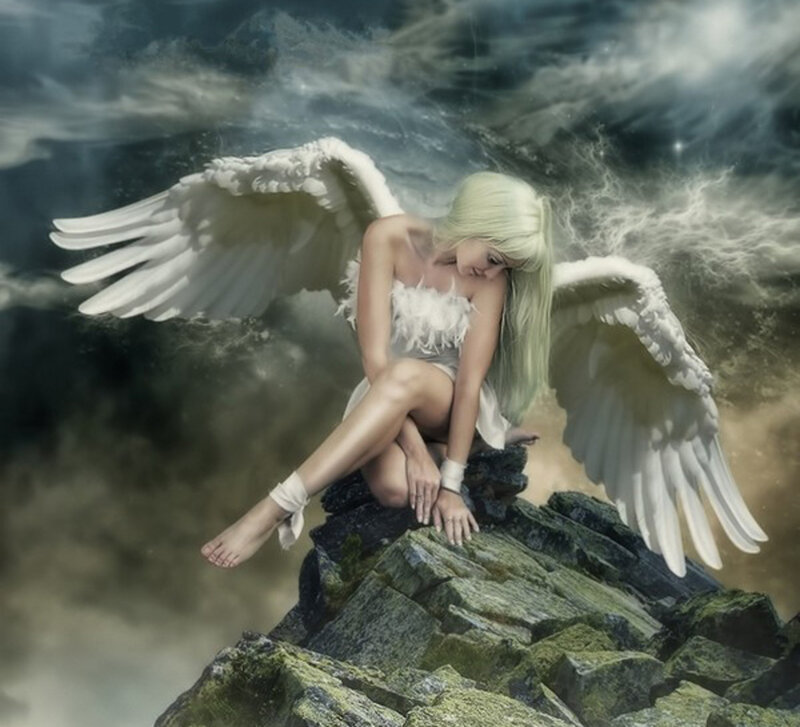 Angel with White Wings — Dramatic, Digital Art, Rocks, Clouds