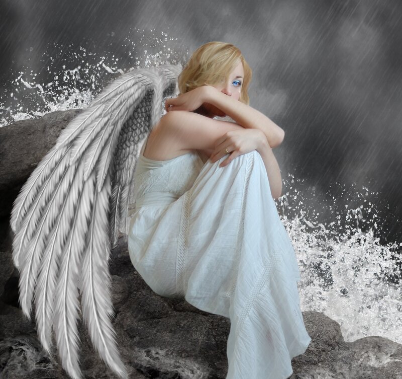Angel with White Wings — Dramatic, Digital Art, Rocks
