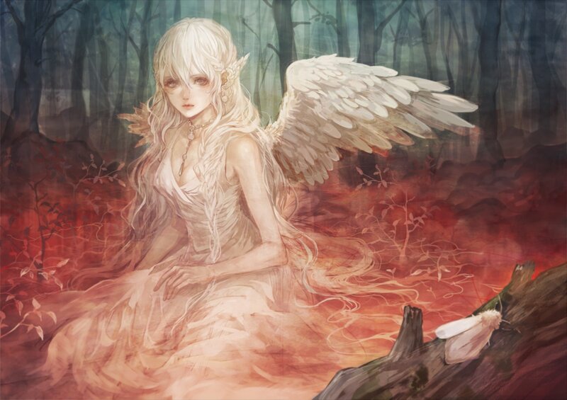 Angel with White Wings — Dramatic, Night, Digital Art, Forest, Moth