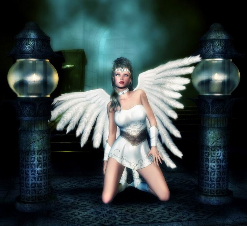 Angel with White Wings — Dramatic, Night, Digital Art, Lanterns