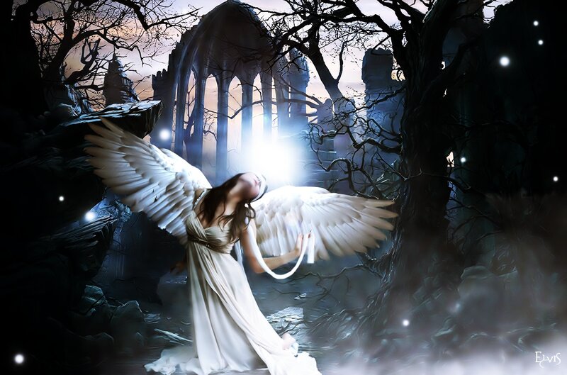 Angel with White Wings — Dramatic, Night, Digital Art, Ruins