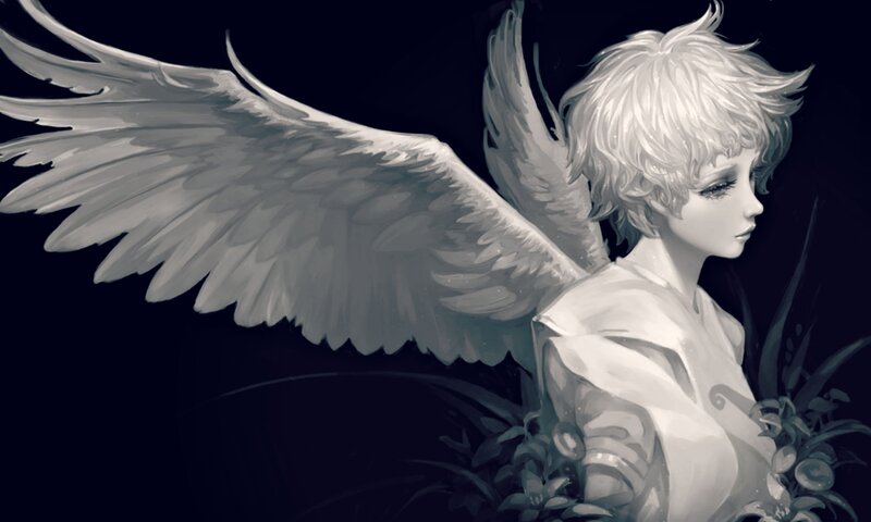 Angel with White Wings — Dramatic, Night, Digital Art, Short Hair