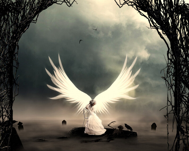 Angel with White Wings — Dramatic, Night, Digital Art, Skeleton, Crows
