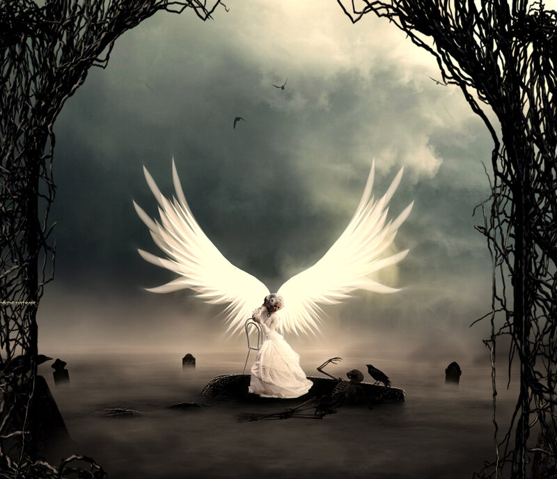 Angel with White Wings — Dramatic, Night, Digital Art, Skeleton