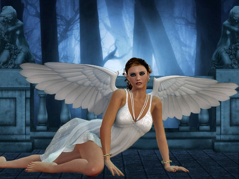 Angel with White Wings — Dramatic, Night, Digital Art, Statues