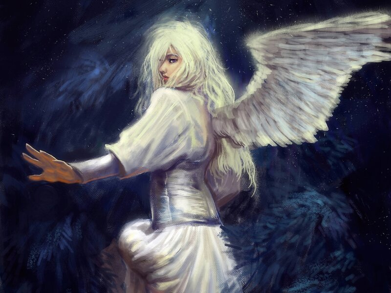 Angel with White Wings — Dramatic, Night, Digital Art, White Hair, Dress
