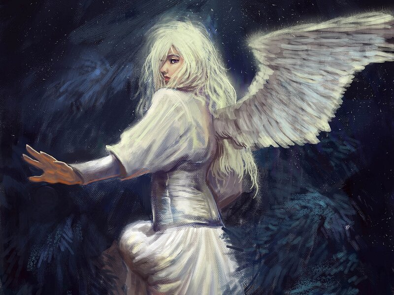 Angel with White Wings — Dramatic, Night, Digital Art, White Hair