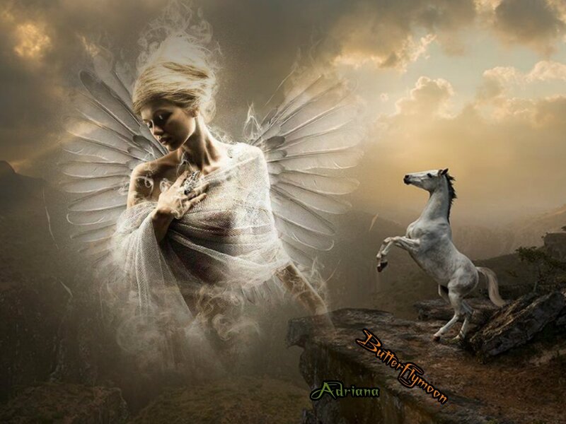 Angel with White Wings — Dramatic, Sunset, Digital Art, Horse
