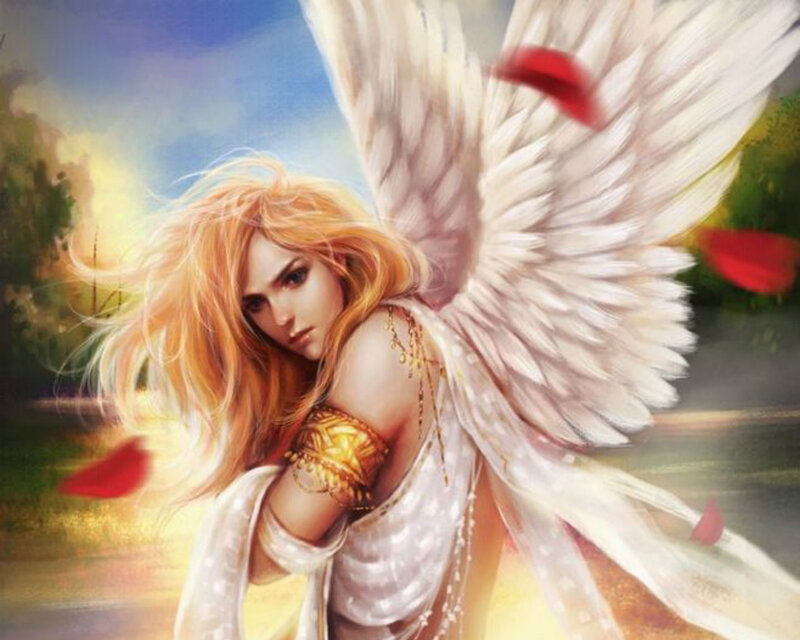 Angel with White Wings — Dramatic, Sunset, Digital Art, Rose Petals